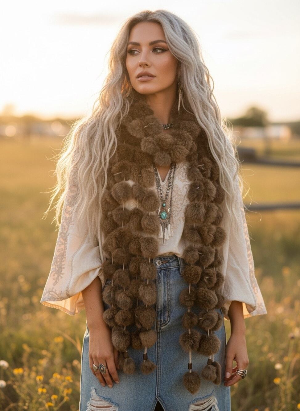 Vintage Real Fur Pom‑Pom Tassel Scarf